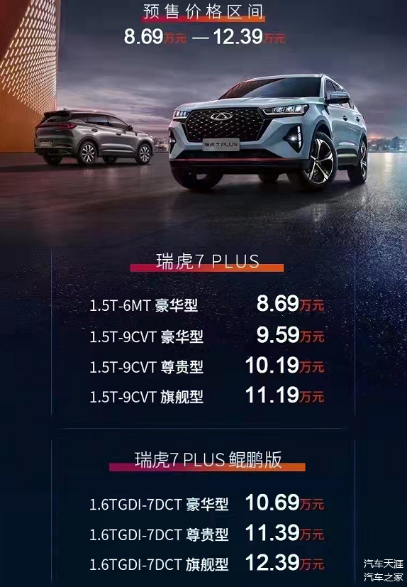 两种动力外观内饰更高级奇瑞瑞虎7plus预售869万起