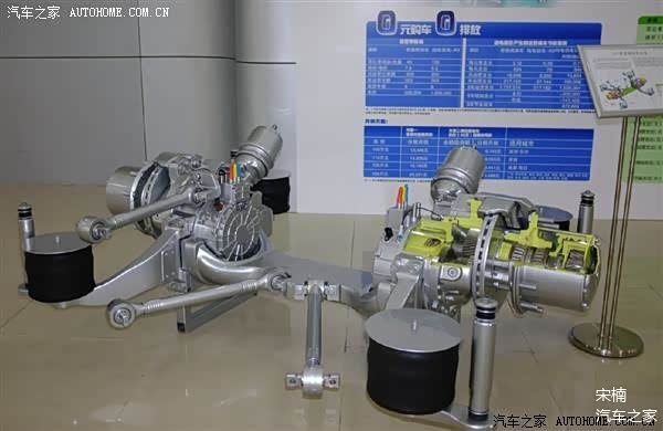 电动汽车发动机舱:电动机连接减速机将动力通过传动轴输出.